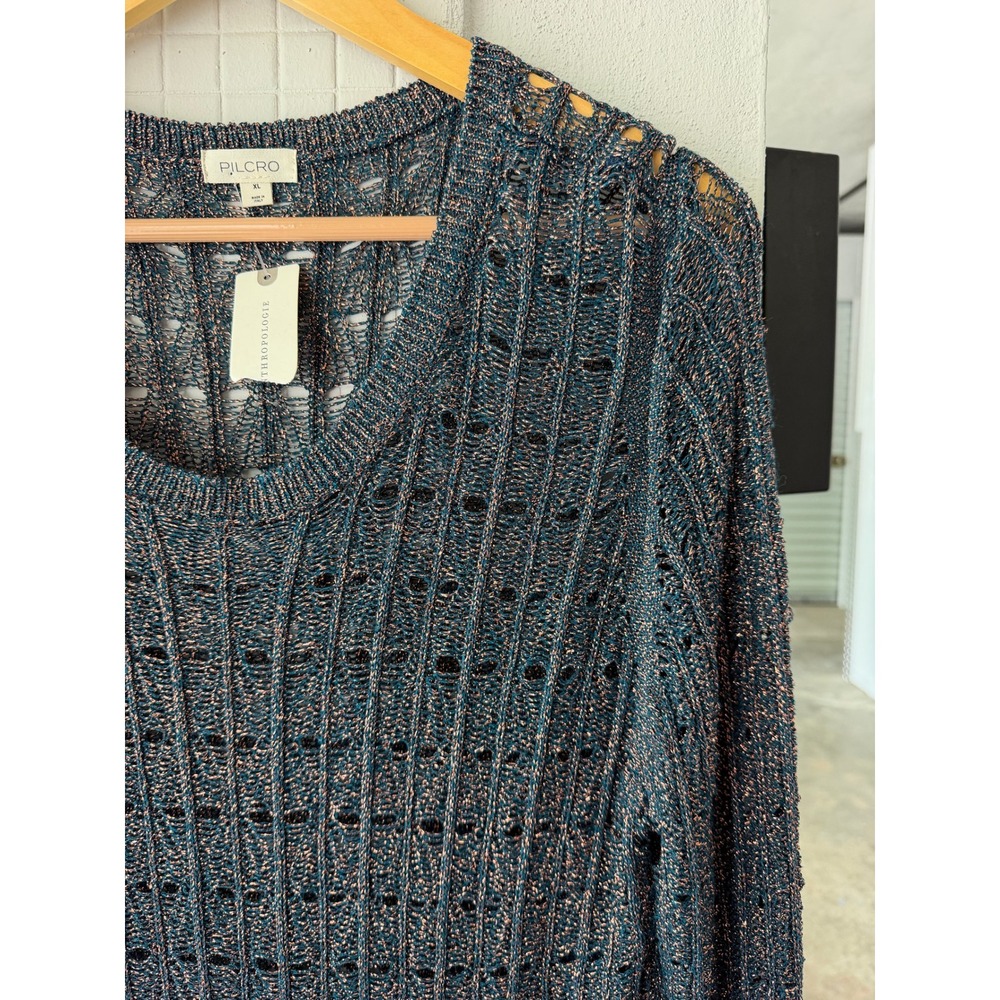 Pilcro Anthropologie Metallic Open Knit Sweater XL Green Copper NWT - Picture 3 of 9